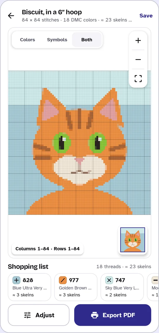 A photo of an orange cat turned into an 84 by 84 stitch cross stitch chart in Gingham, with 18 DMC colors, a zoomable grid and a shopping list of DMC thread numbers and skeins.